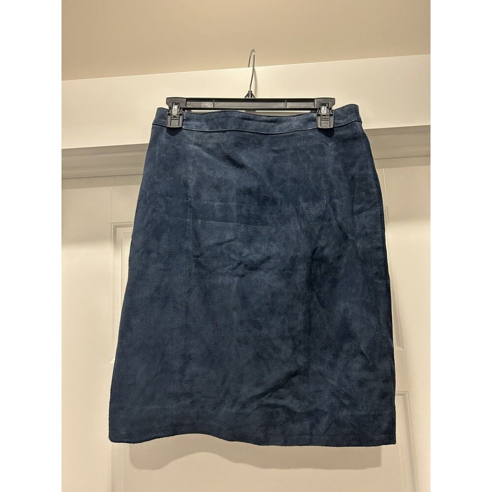 Vintage 90s Navy Blue Suede Leather Pencil Skirt Size 11 Classic Mob Wife Boho